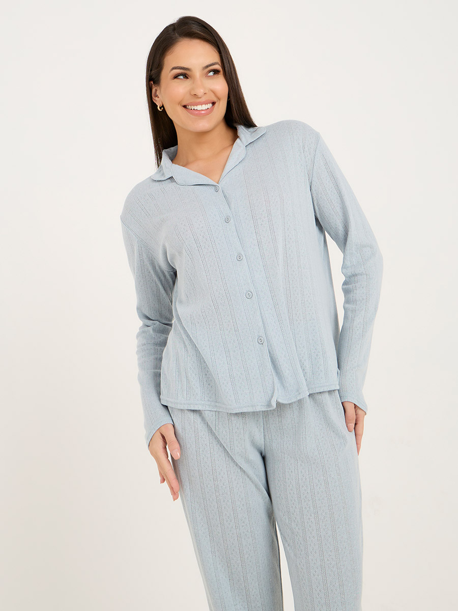 Pointelle Button Through Shirt & Pyjama Set