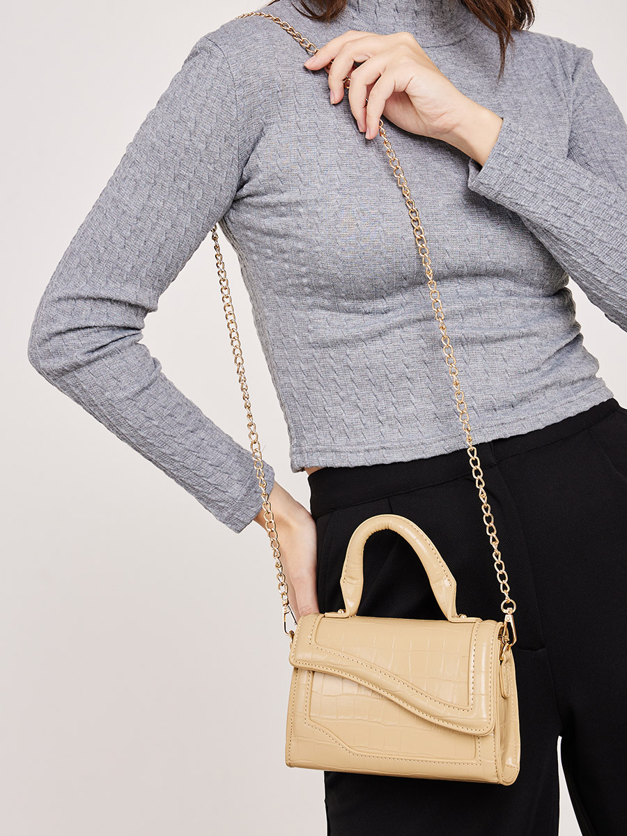 Buy Curved Flap Textured Handbag with Chain Strap Beige For Women  