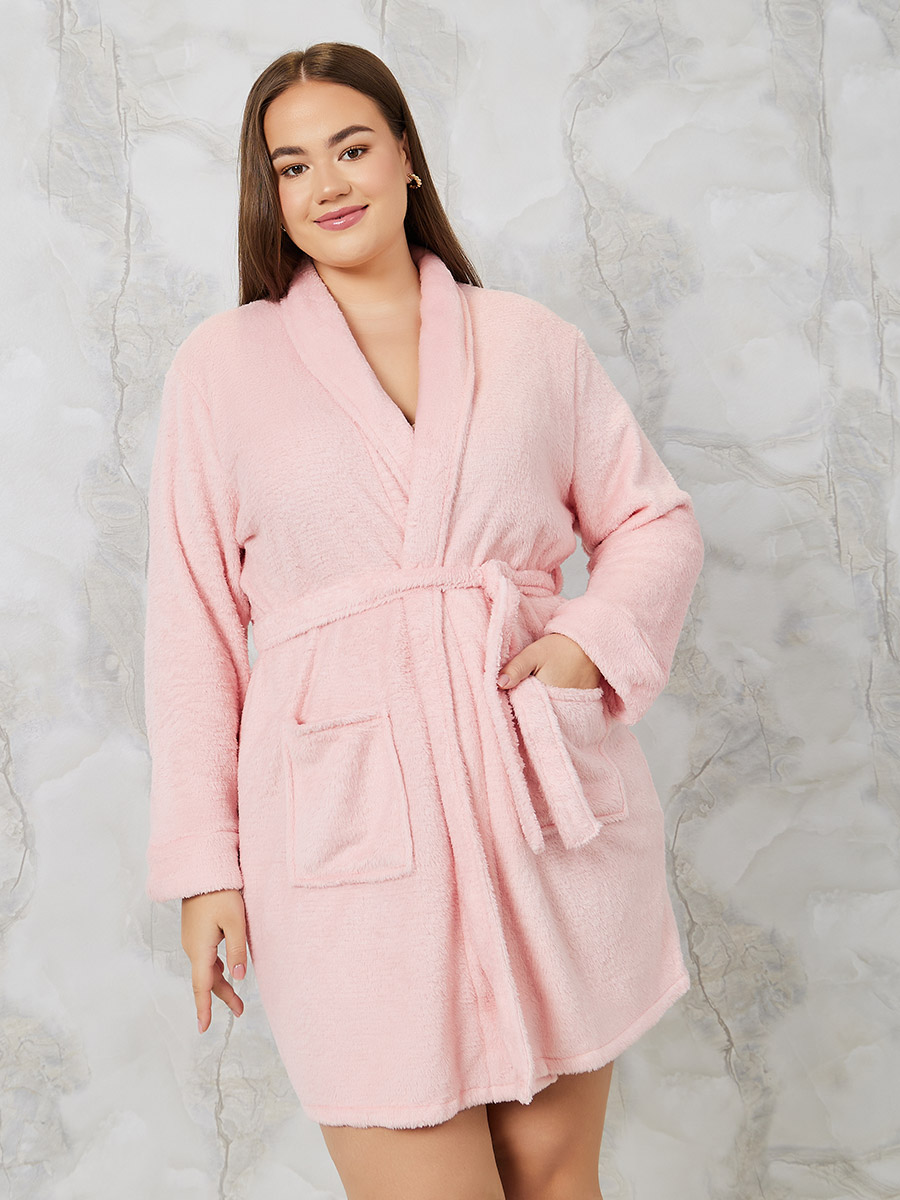 Plus Smooth Fleece Shawl Collar Pocket Robe For Women at UAE Styli