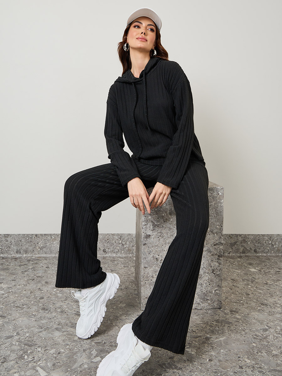 Buy Ribbed Knit Hoodie and Jogger Co-Ords Black For Women Styli