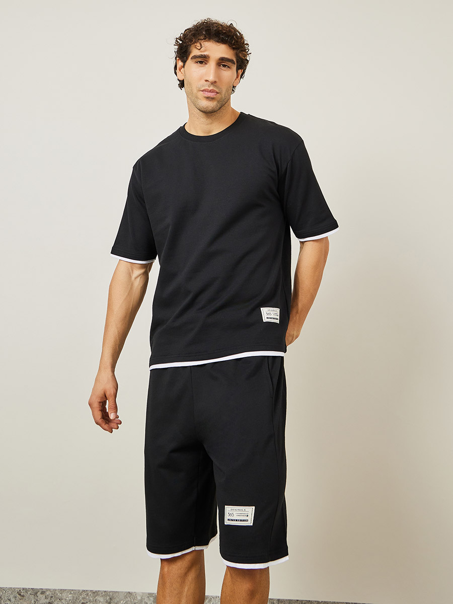 Buy Oversized Contrast Trim Terry T-Shirt & Shorts Co-Ords Black  