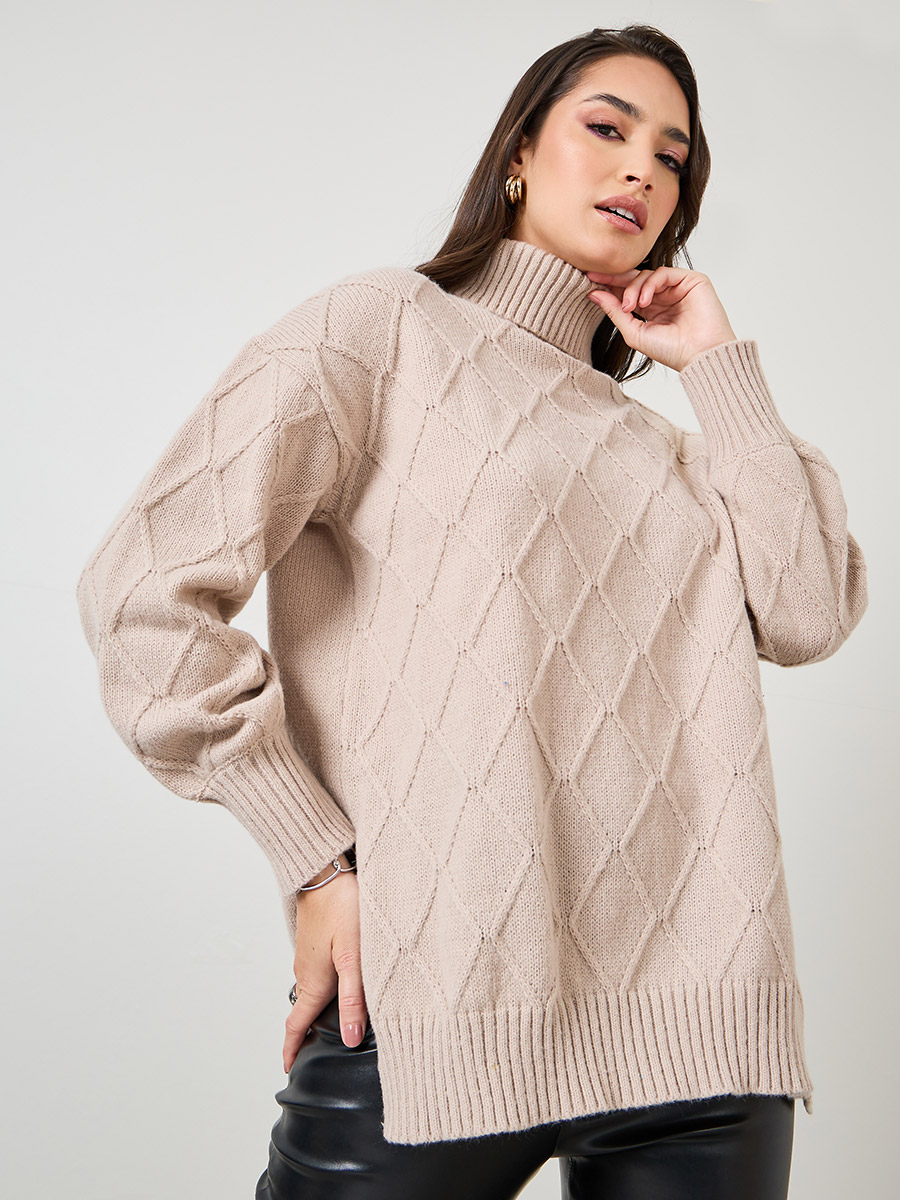 Oversized Cable Knit Turtle Neck Sweater With Side Slits