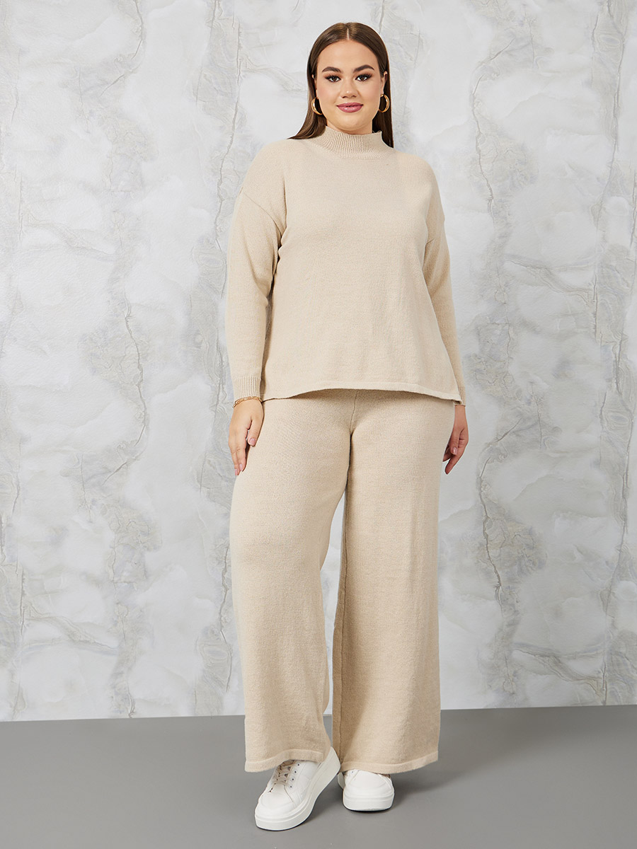 Buy Plus High Neck Knit Sweater and Pants Co-Ords Beige For