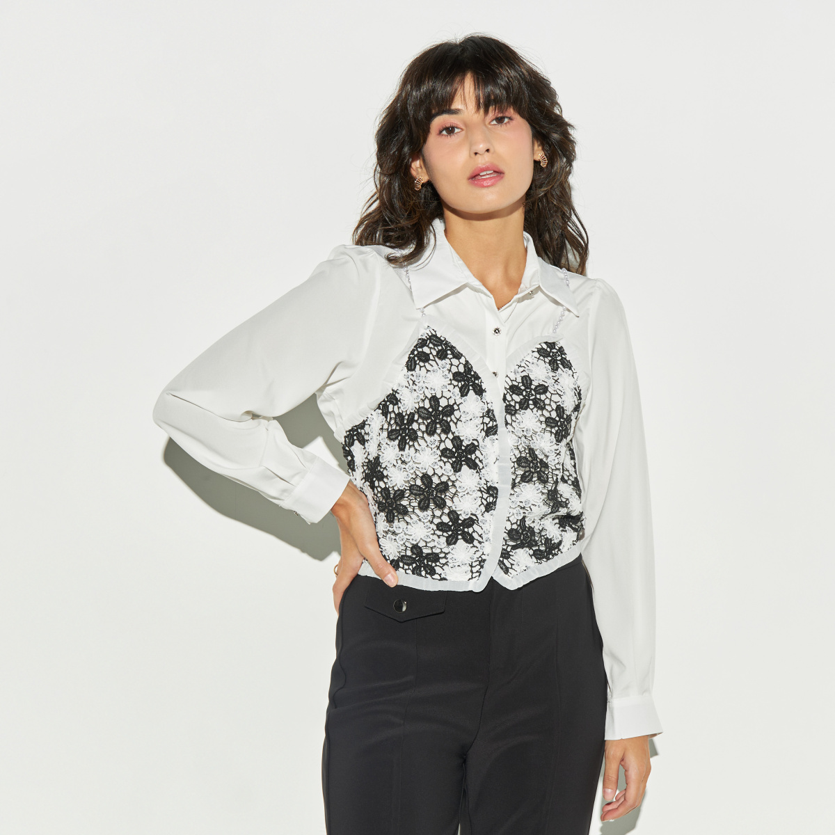 Buy Floral Lace Overlay Shirt with Pearl Embellishment White