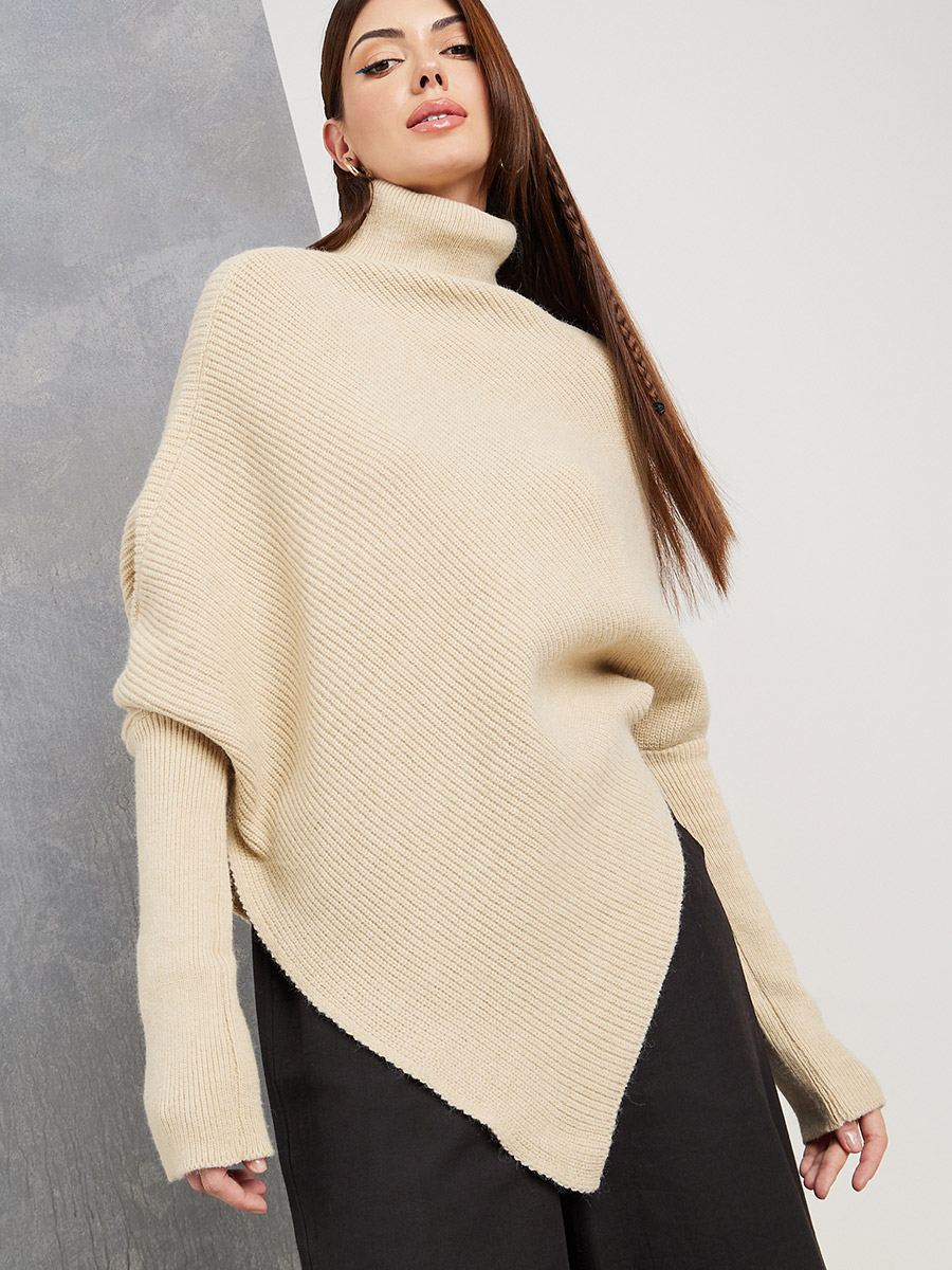 Asymmetrical Hem Asymmetrical Turtleneck Sweater Asymmetric