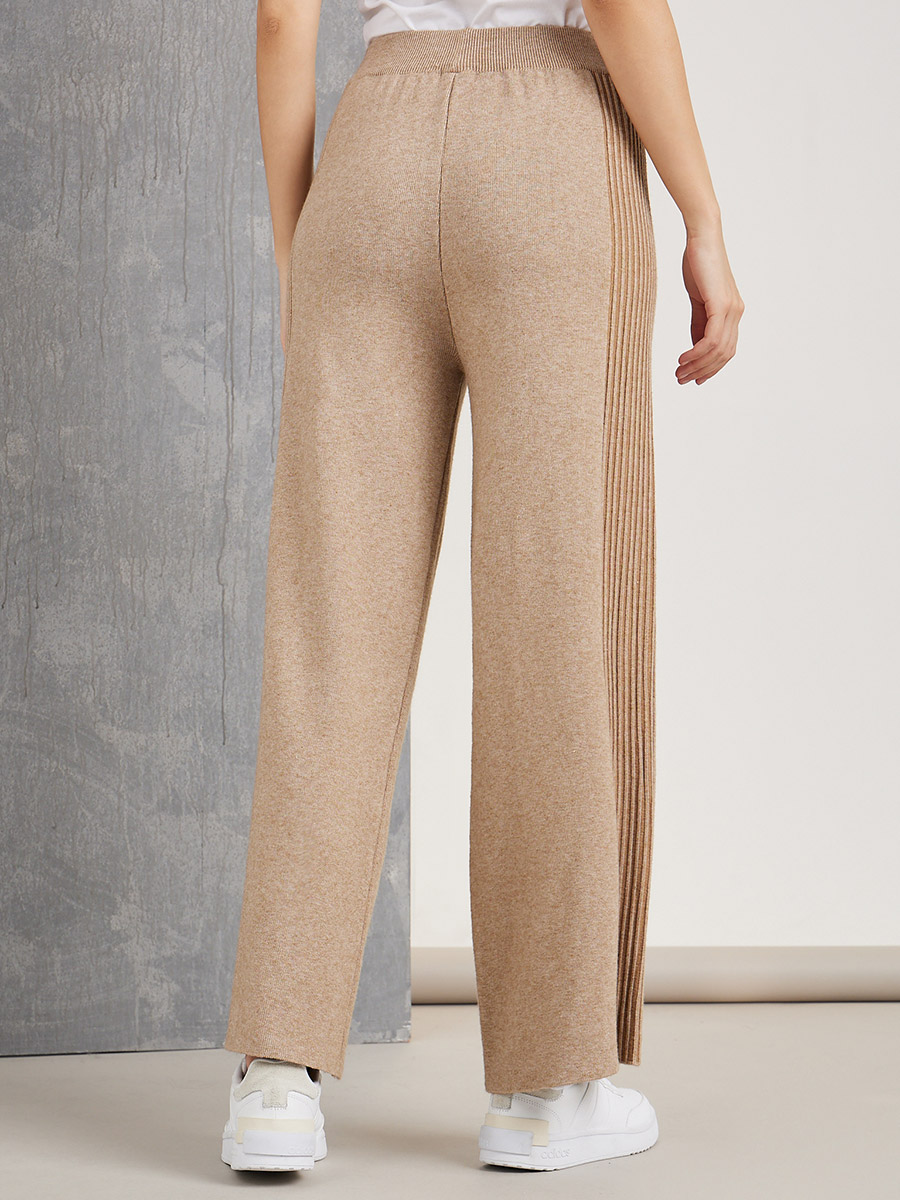 Beige High Rise Wide Leg Knitted Pants|215072803
