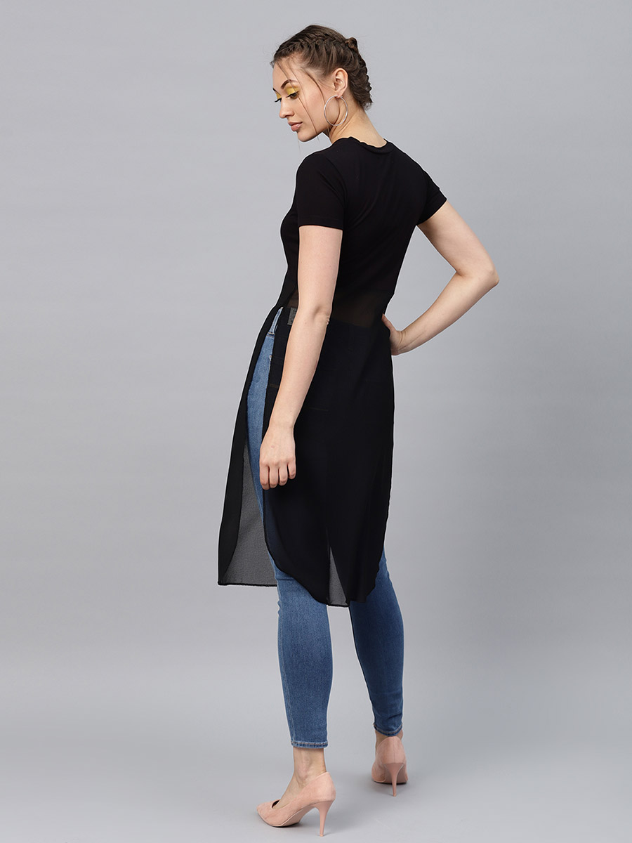 Buy Sheer Side Slit Longline Top Black For Women | Styli Saudi