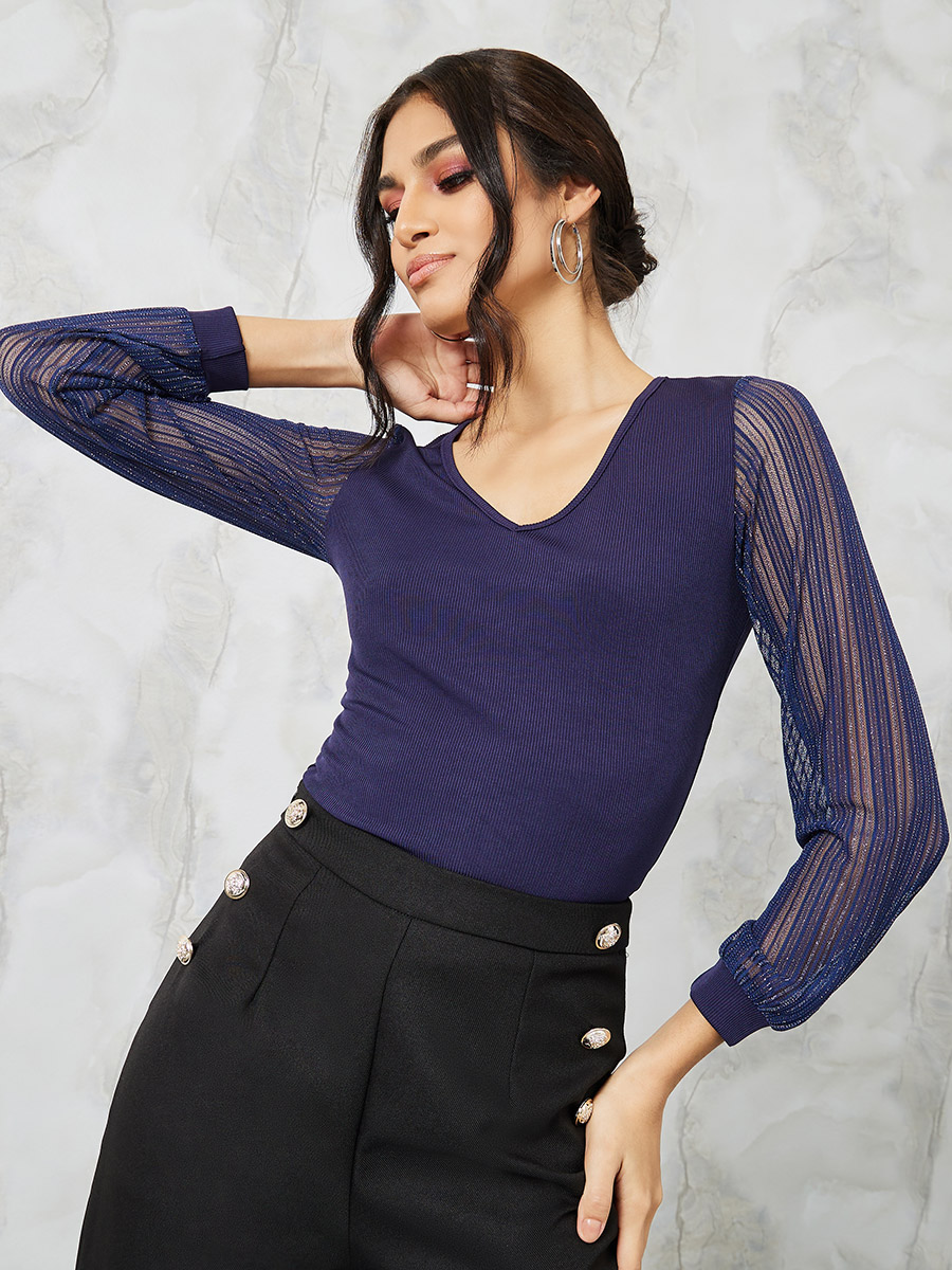 Contrast Mesh Sleeve V Neck Fitted Knit Top