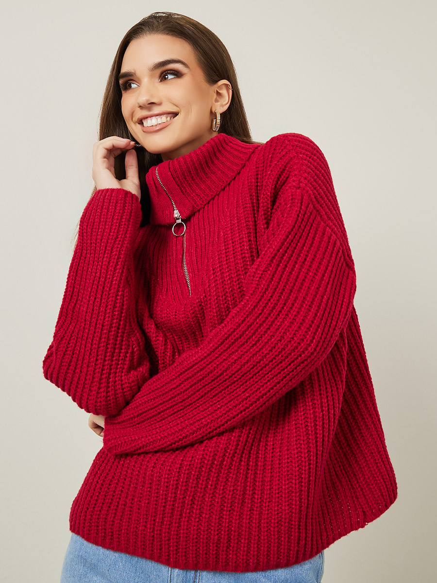 Oversized Turtle Neck Chunky Knit Half Zip Sweater For Women at