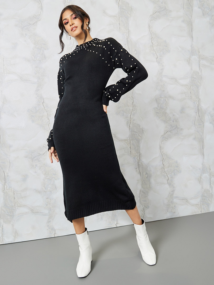 Faux Pearl Studded Knit Sweater Midi Dress For Women at Kuwait Styli