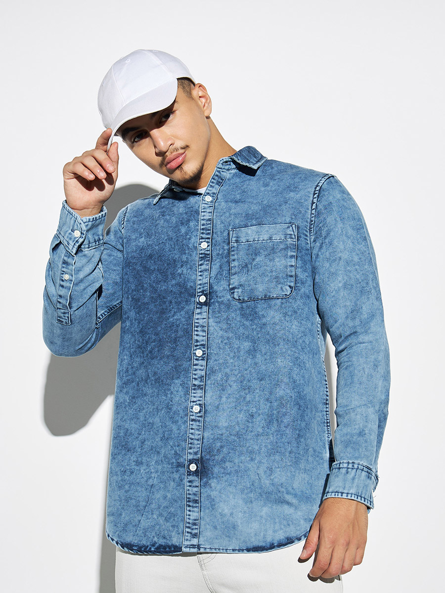 Solid Denim Shirt with Patch Pocket For Men at Bahrain Styli