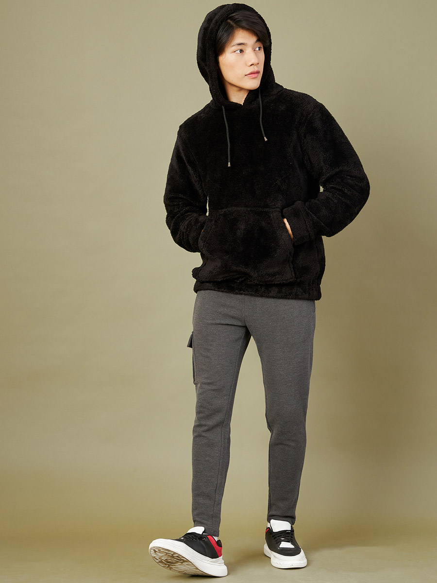Buy Faux Fur Kangaroo Pocket Hoodie Black For Men | Styli Saudi