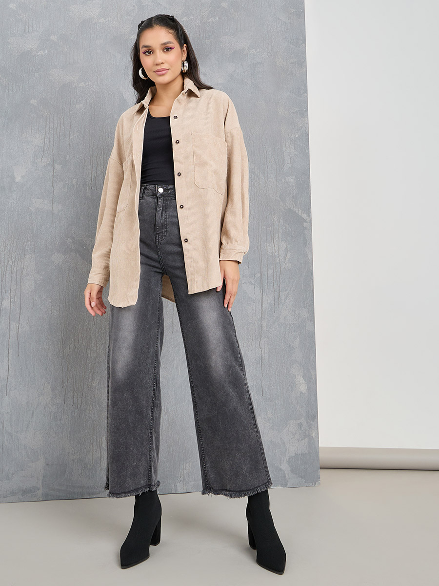 Buy Oversized Longline Corduroy Shirt Beige For Women