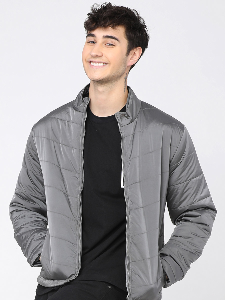 Solid High Neck Zip Up Bomber Jacket For Men at Kuwait Styli
