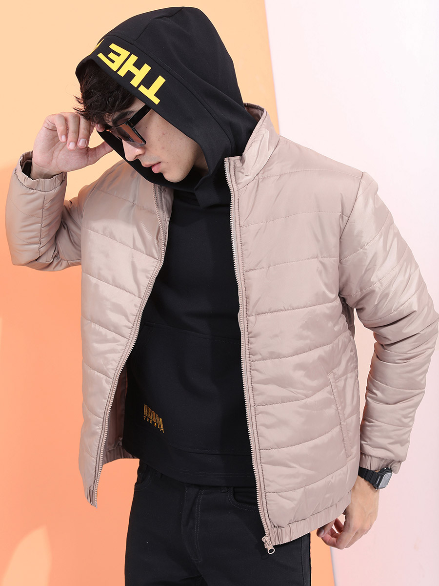 Solid High Neck Zip Up Padded Jacket