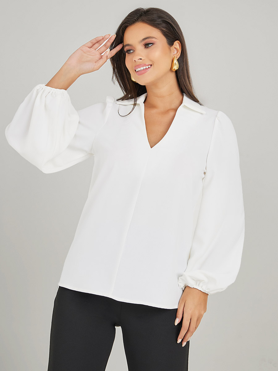 Buy V Neck Cutaway Collar Balloon Sleeves Shirt White For Women 