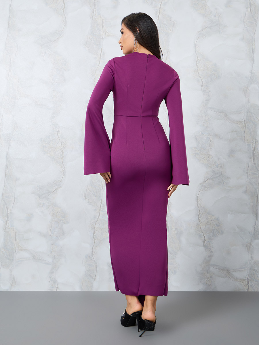 Buy Ruffle Panel Bell Sleeve Bodycon Maxi Dress Magenta For