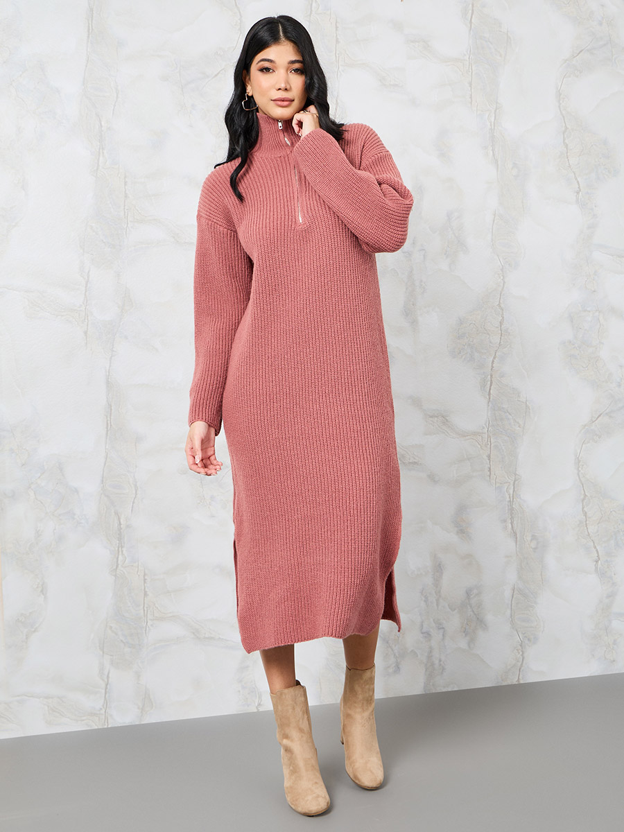 Half Zip Knit Sweater Midi Dress with Side Slit For Women at Saudi
