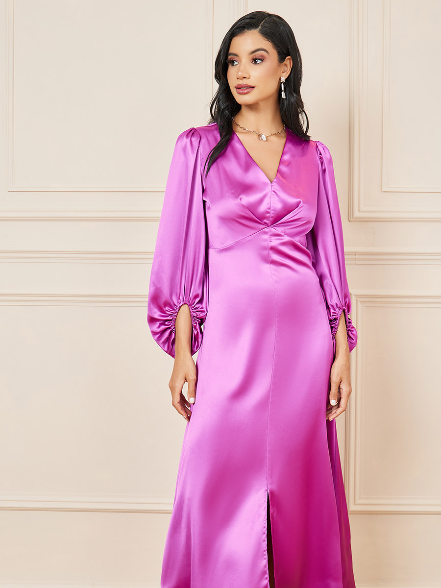 【美品】BALLOON SLEEVE I LINE DRESS Buy Satin Balloon Sleeves Front Slit A-Line Maxi Dress