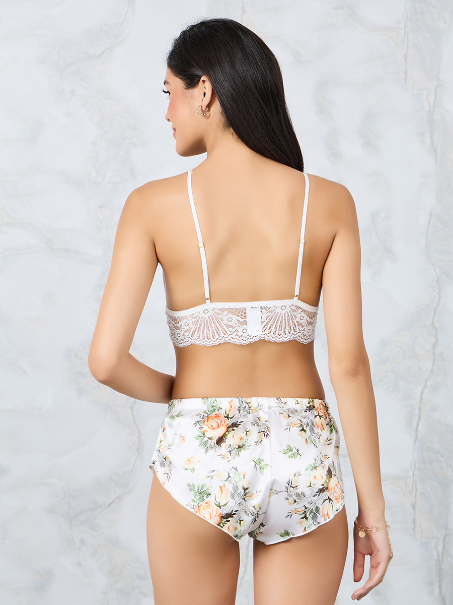 Floral Satin Lace Underwired Bralette and Knickers Set