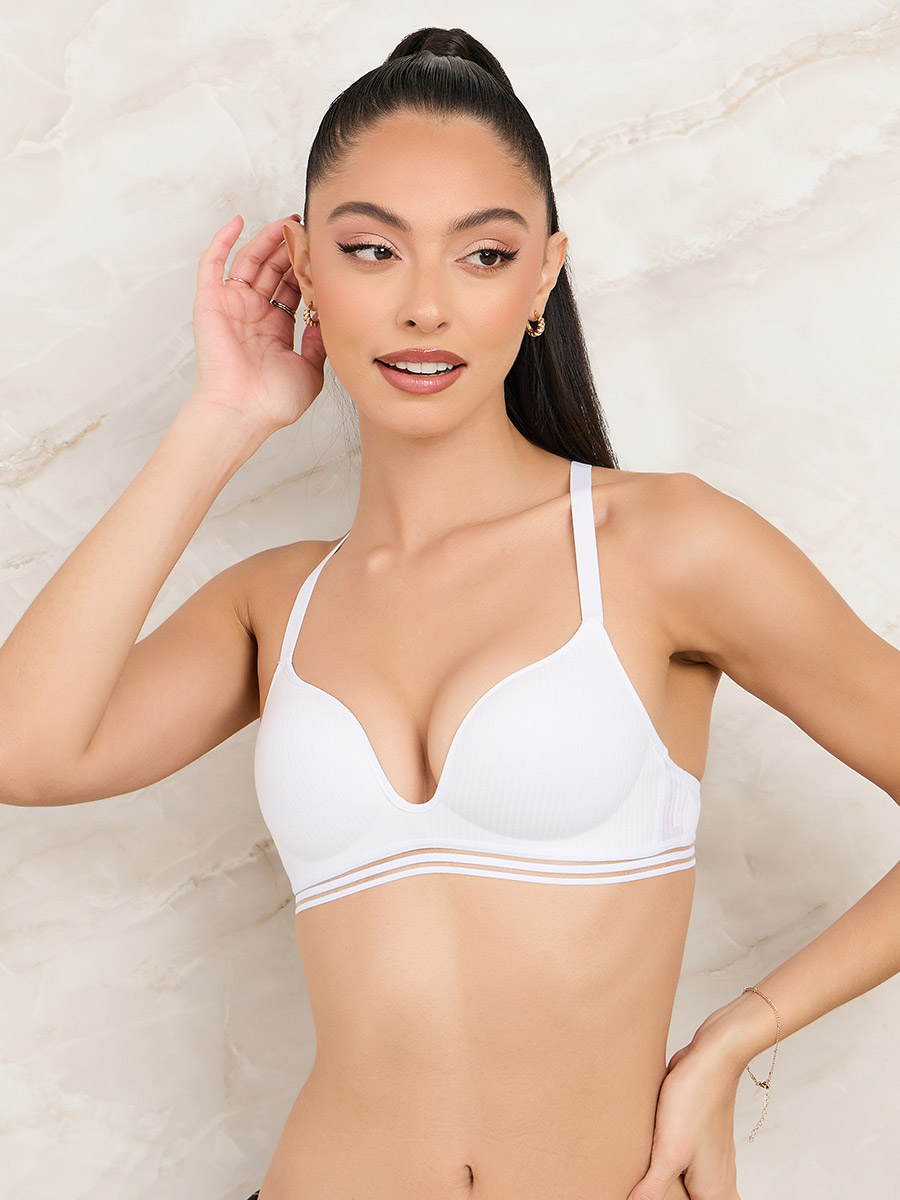 Pack of 2 -Cotton Padded Non Wired Burnout Elastic Trim Ribbed Plunge Bra