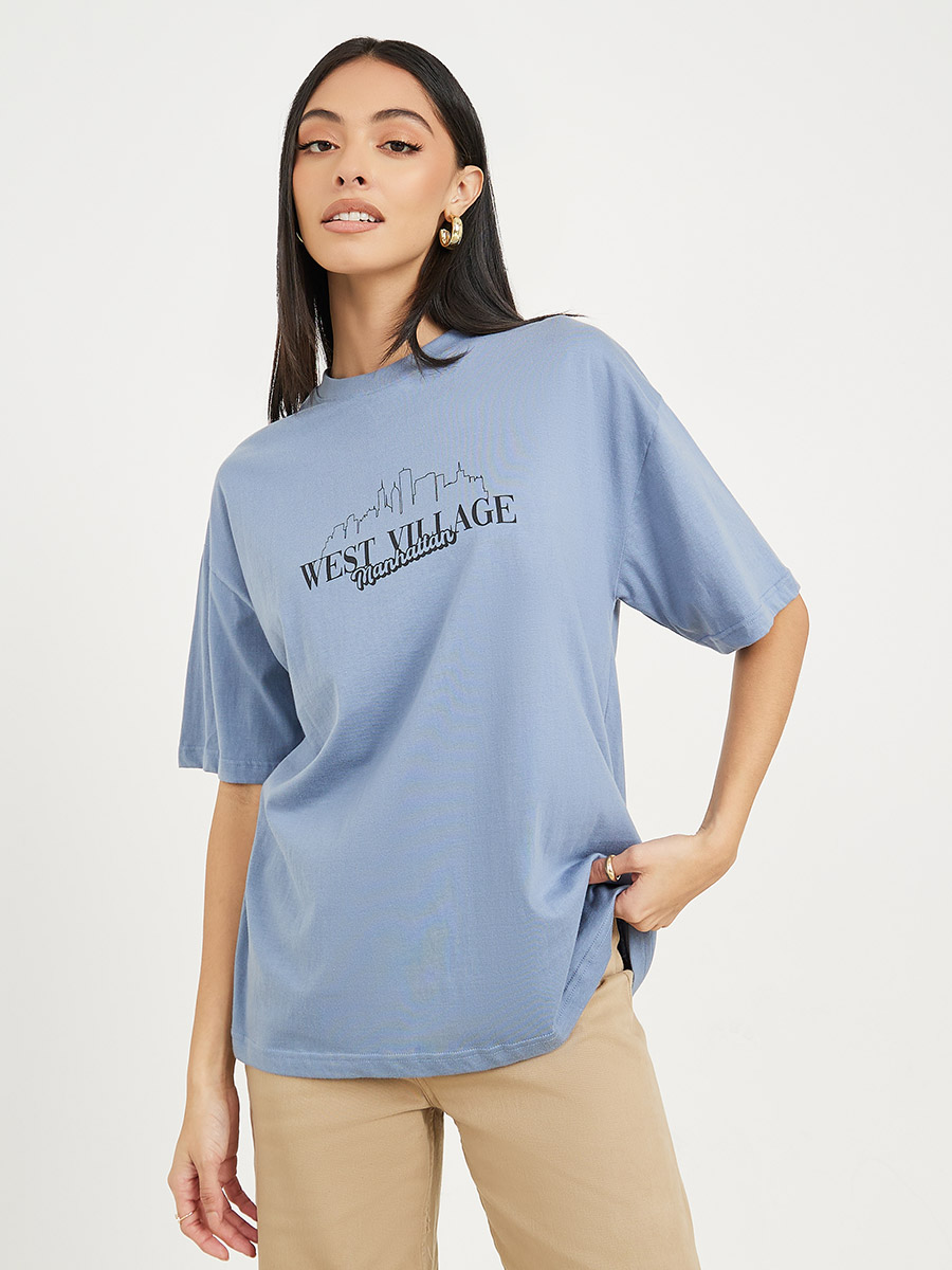 Buy Oversized Slogan Print Drop Shoulder T Shirt Blue For Women Styli Bahrain