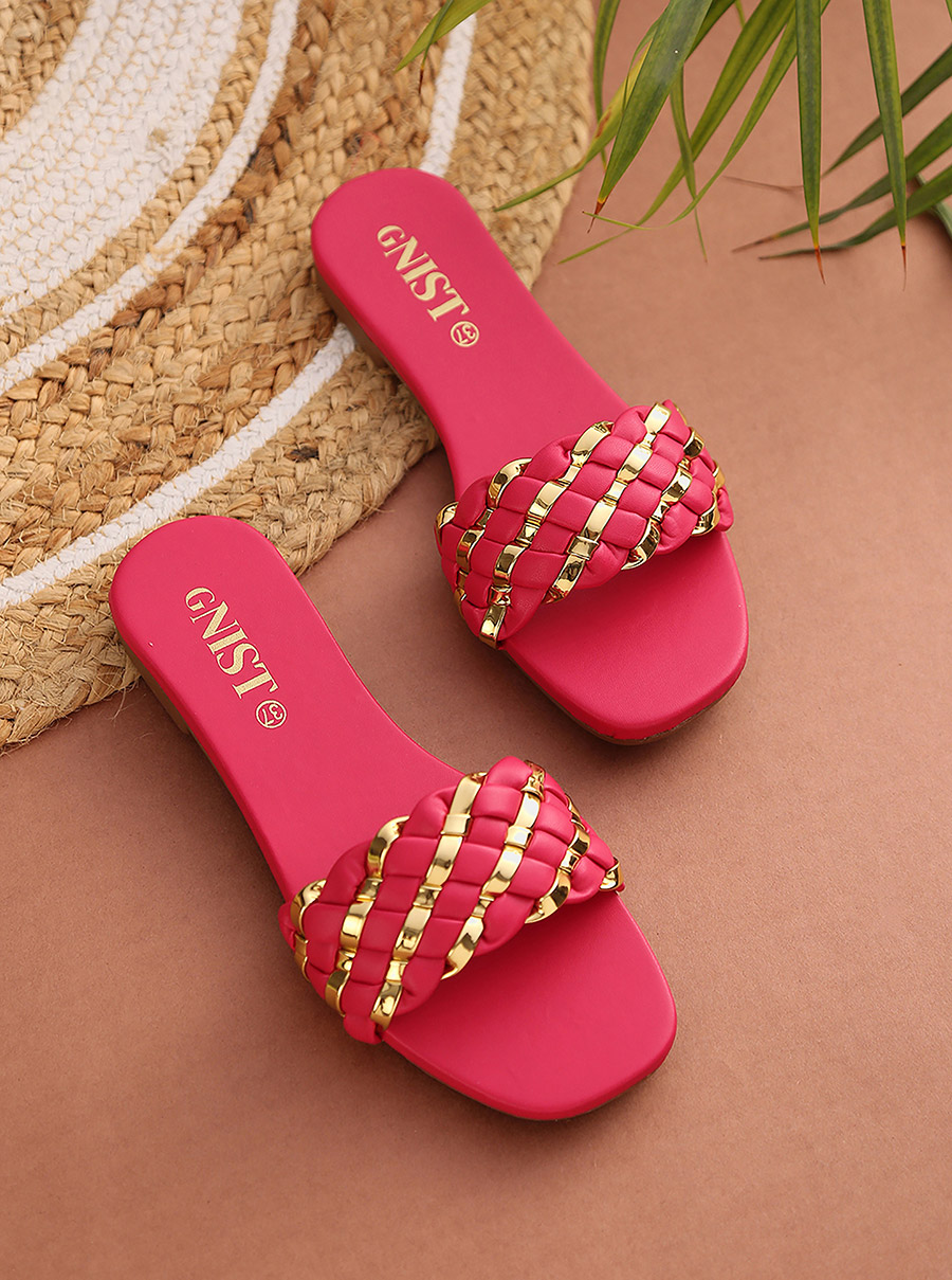 Buy Metallic Detail Braided Design Flat Sandals Pink For Women | Styli Saudi