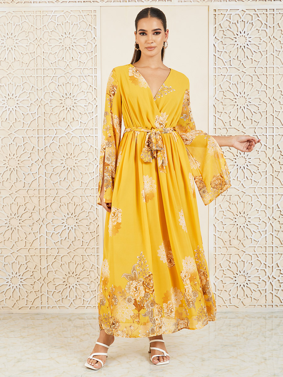 Floral Print Self Tie Up A-Line Wrap Maxi Dress For Women at