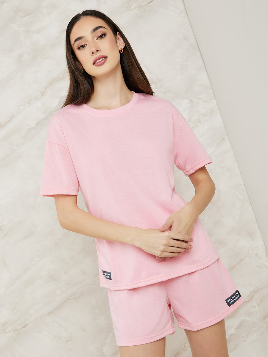 Buy Drop Shoulder Patch T-Shirt & Short Set Pink For Women