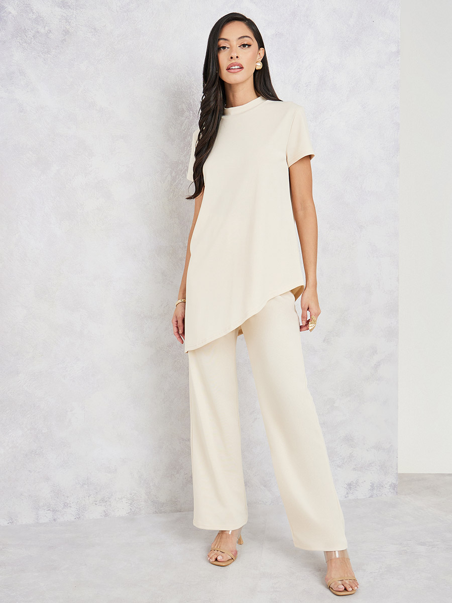 Buy High Neck Asymmetric Hem T-Shirt and Straight Leg Pant