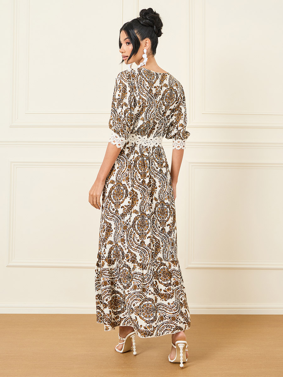Damask Print Lace Detail A-Line Maxi Dress For Women at Saudi | Styli