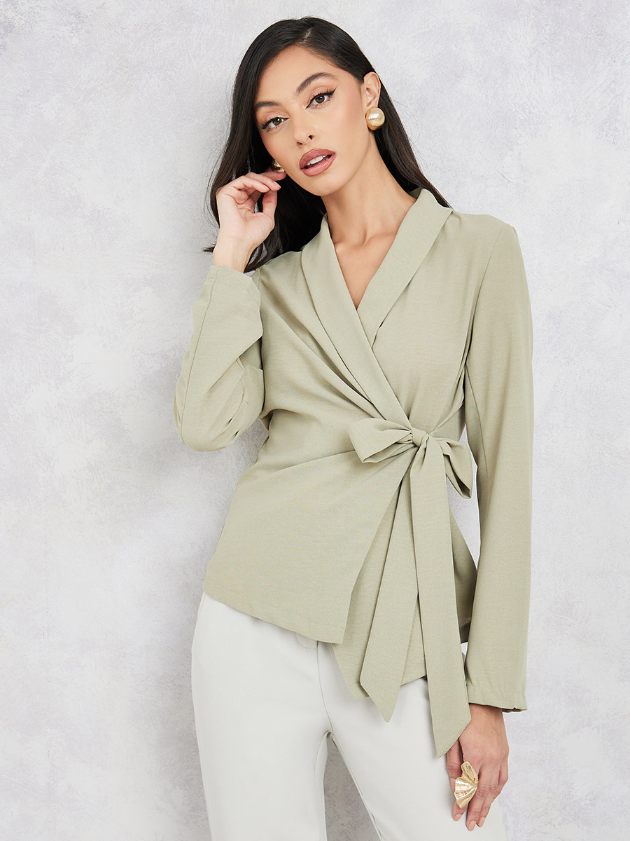 Long Sleeve Collared Wrap Blouse