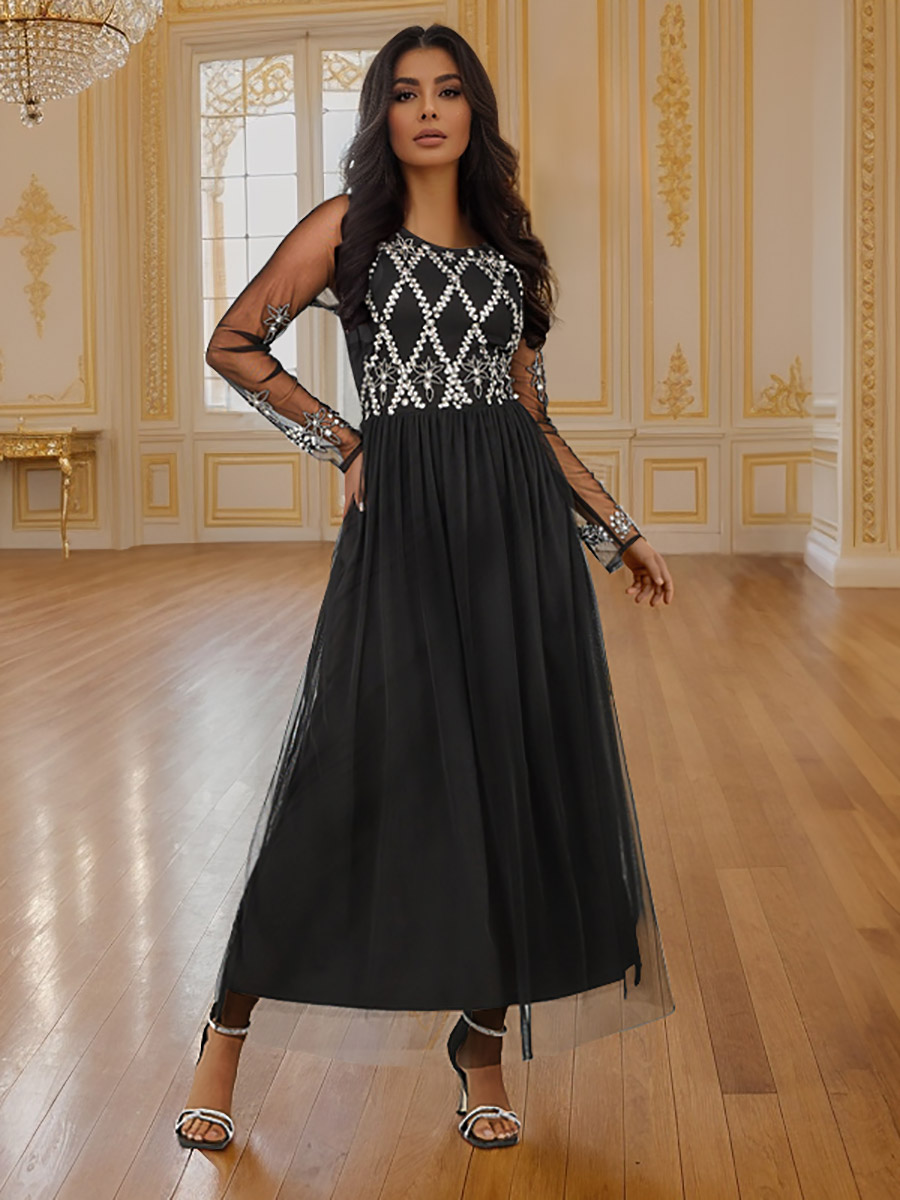Buy Embellished Mesh A Line Maxi Dress Black For Women Styli UAE