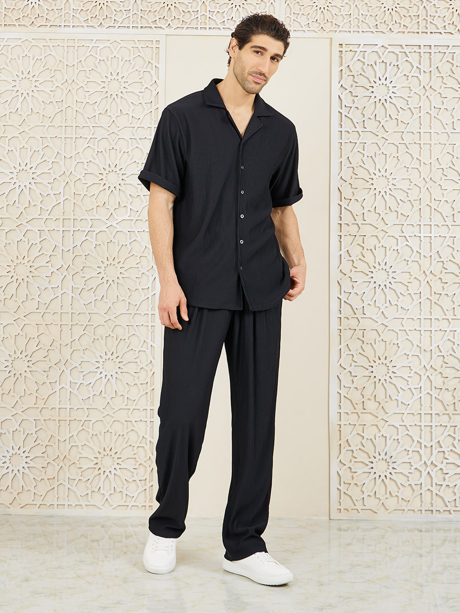 Textured Ribbed Knit Relaxed Fit Shirt and Pants Co-Ords For Men