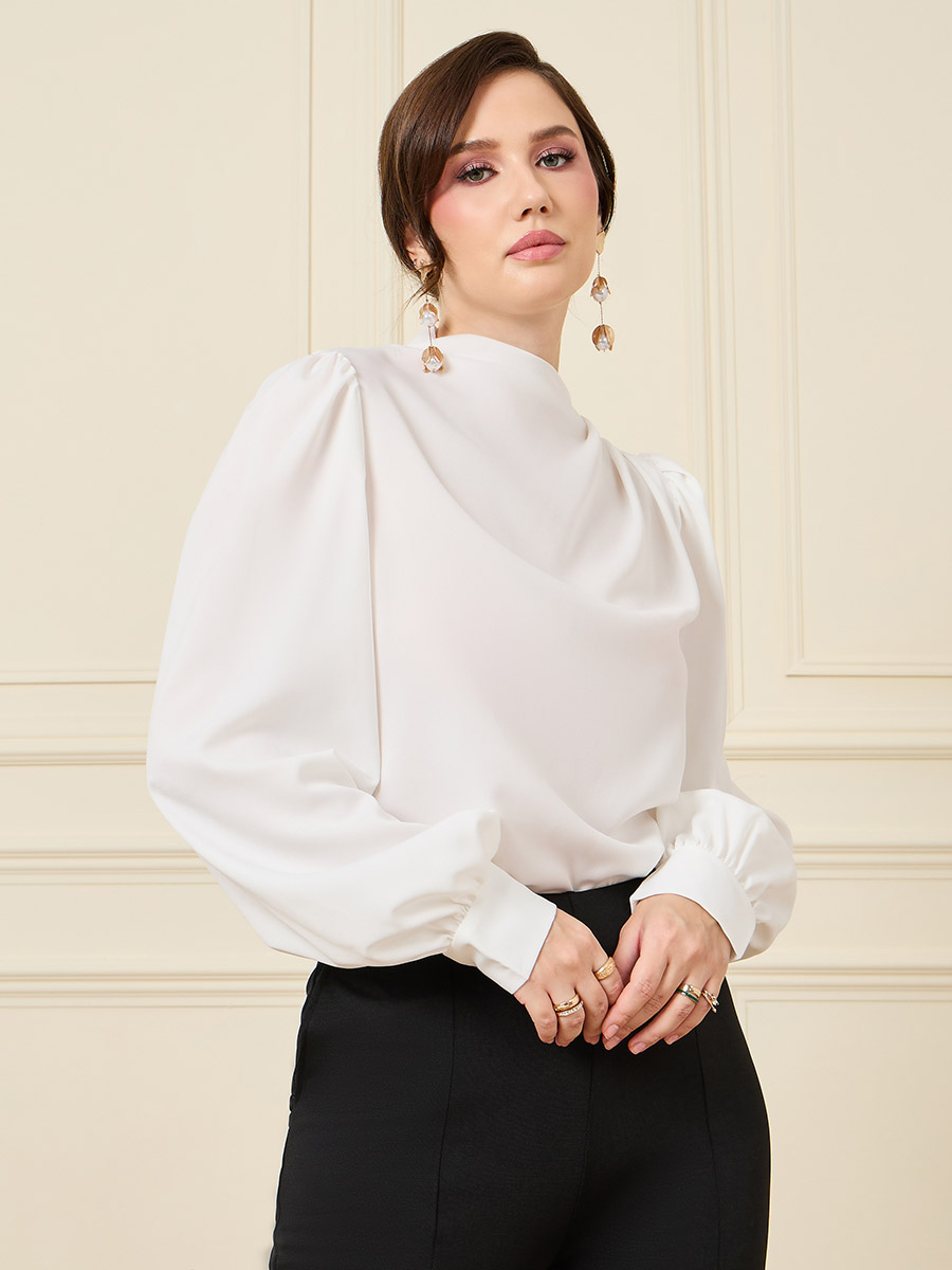 Buy Solid High Neck Blouse with Balloon Sleeves White For