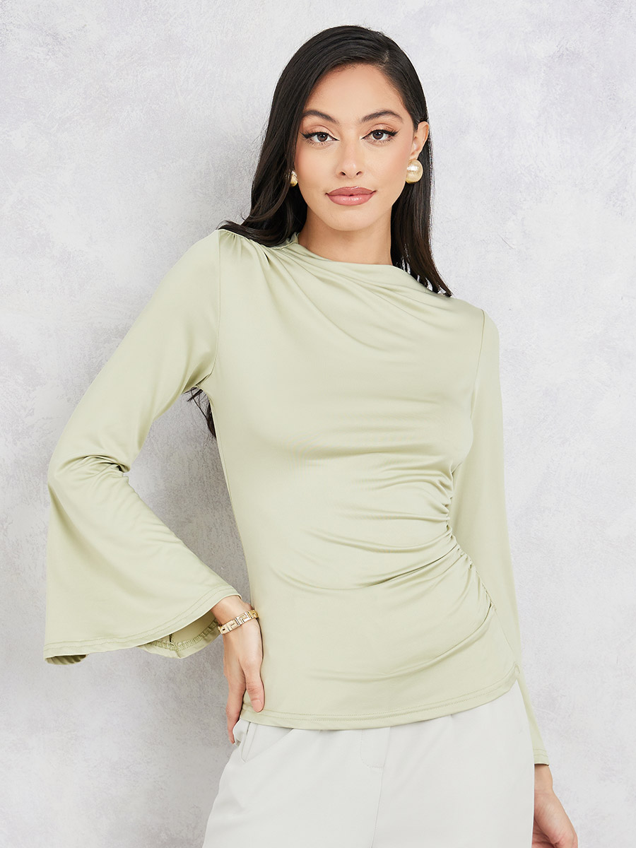 Buy Solid High Neck Bell Sleeve Fitted Knit Top Green For