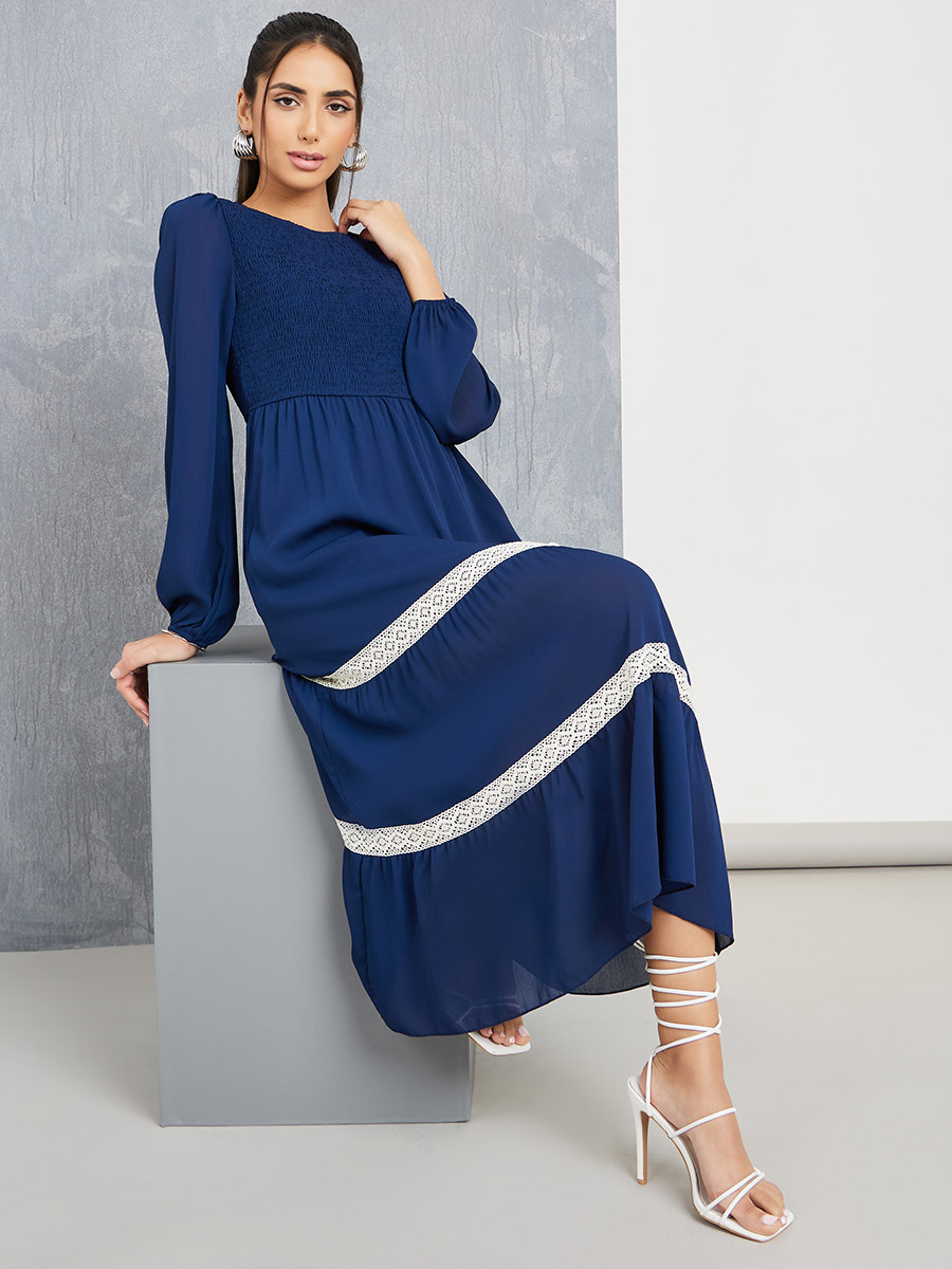 Contrast Lace Trim Smocked A-Line Midi Dress