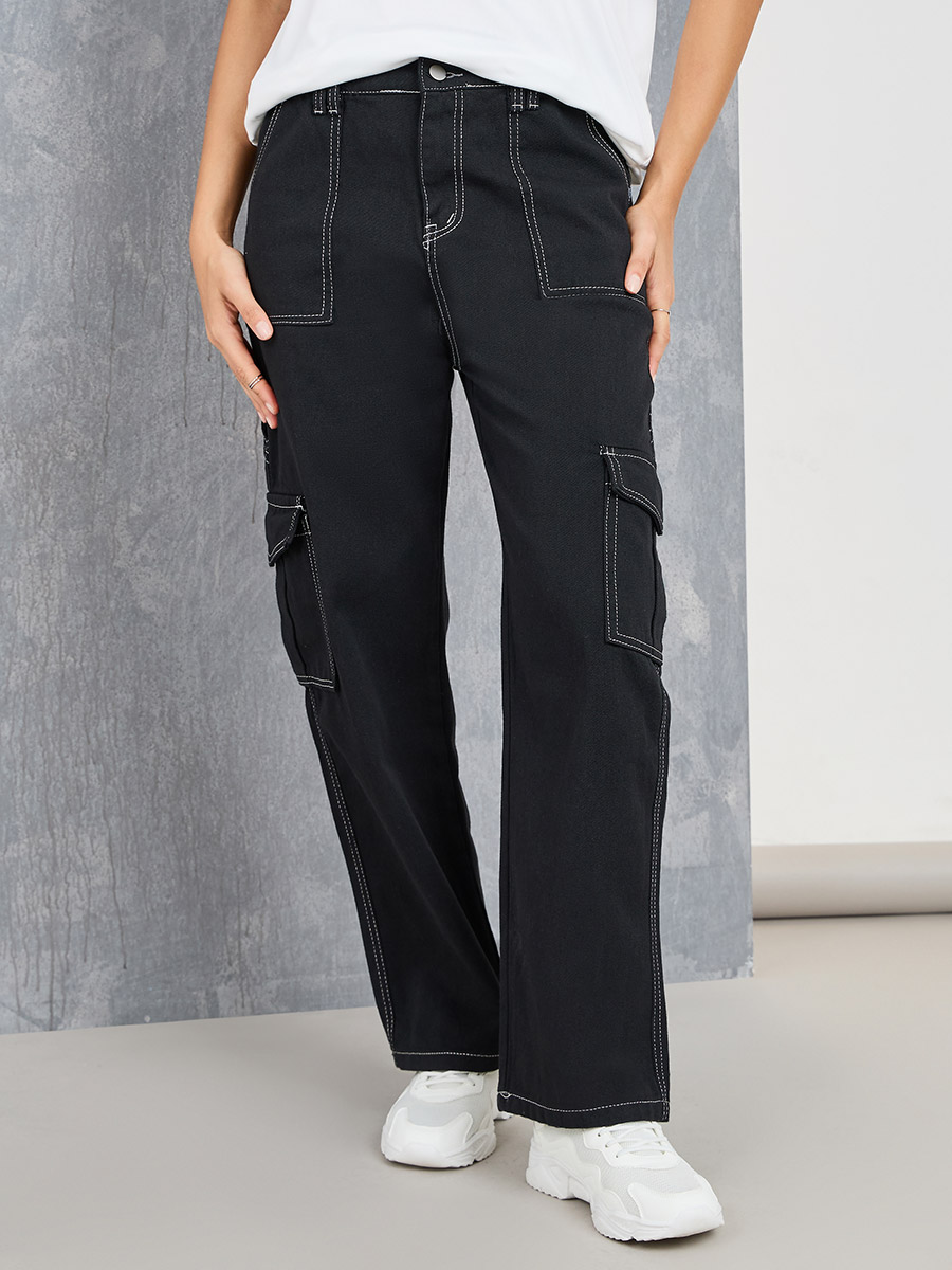 Wide Leg Jeans Black Cargo Pants White Stitching Buy Contrast