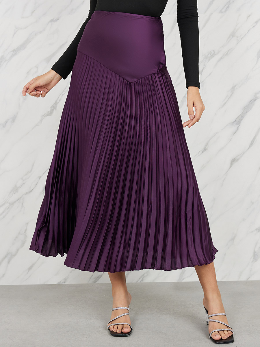 Buy Satin Yoke Pleated A Line Maxi Skirt Purple For Women Styli Saudi
