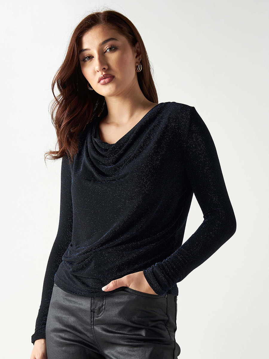 Textured Cowl Neck Top with Long Sleeves For Default Category at