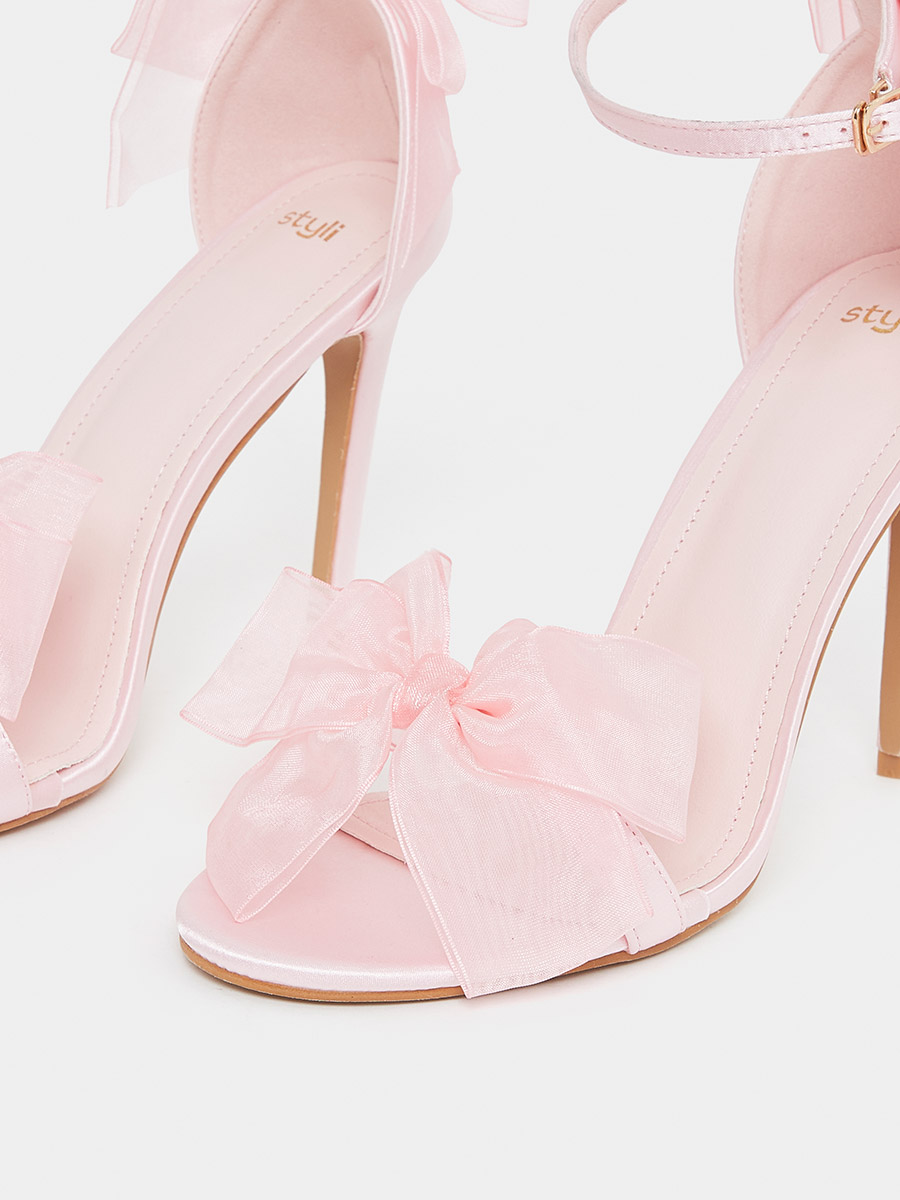 Double Mesh Bow Trim Heel Sandals For Women at UAE | Styli