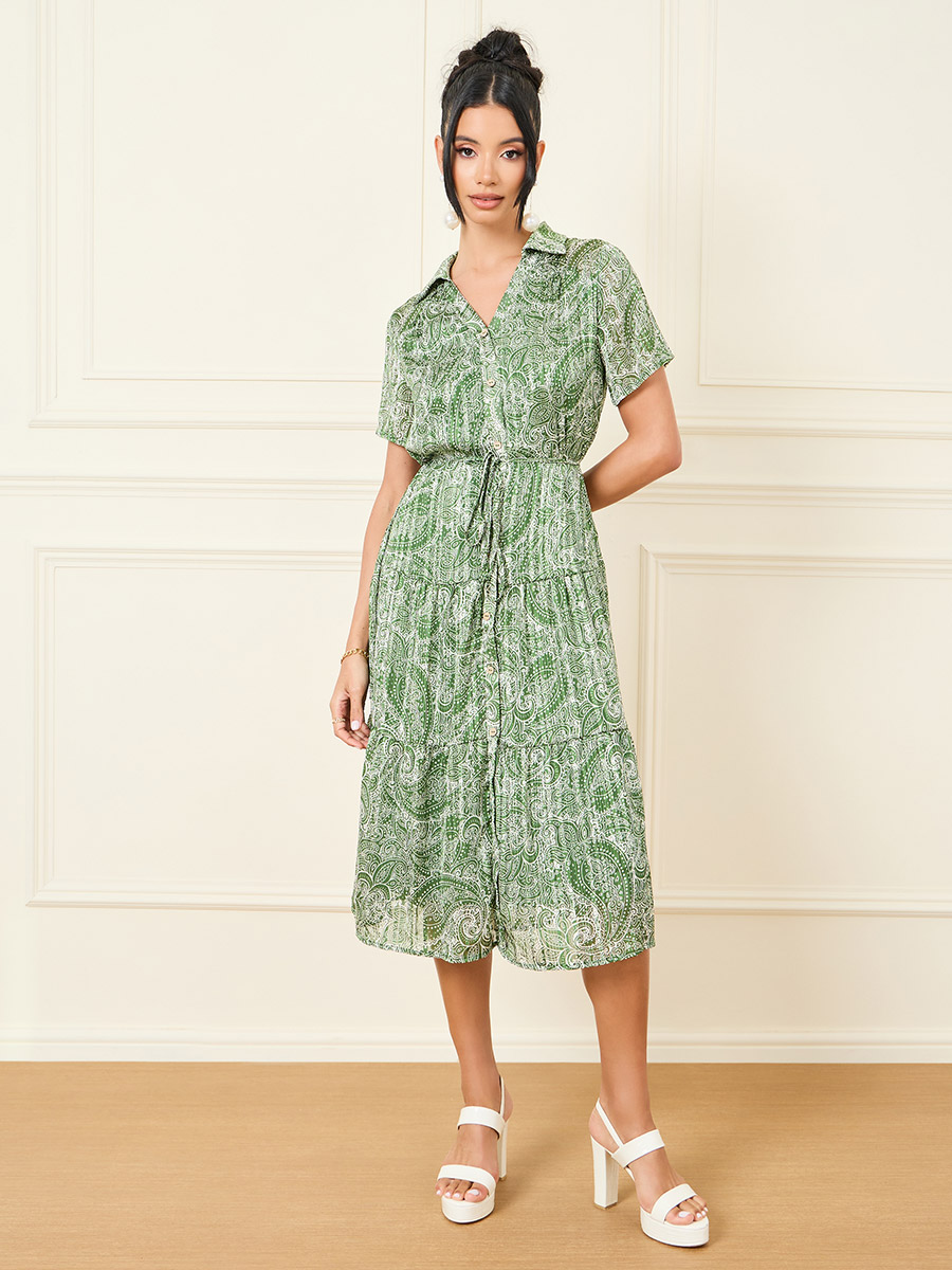 Buy Pleated Paisley Print Shirt Dress with Self Tie Up Green For