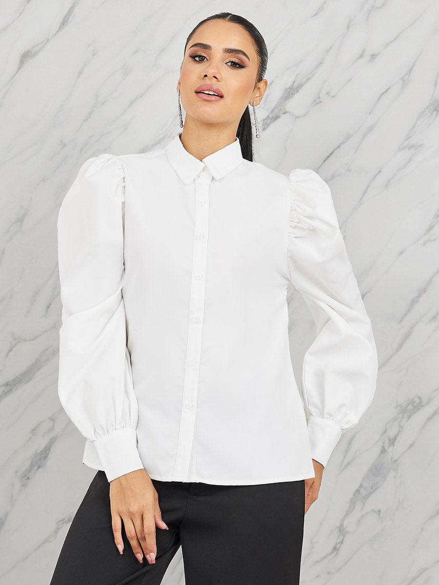 Buy Solid Button Through Puff Sleeve Shirt White For Women Buy Solid Button Through Puff Sleeve Shirt White For Women