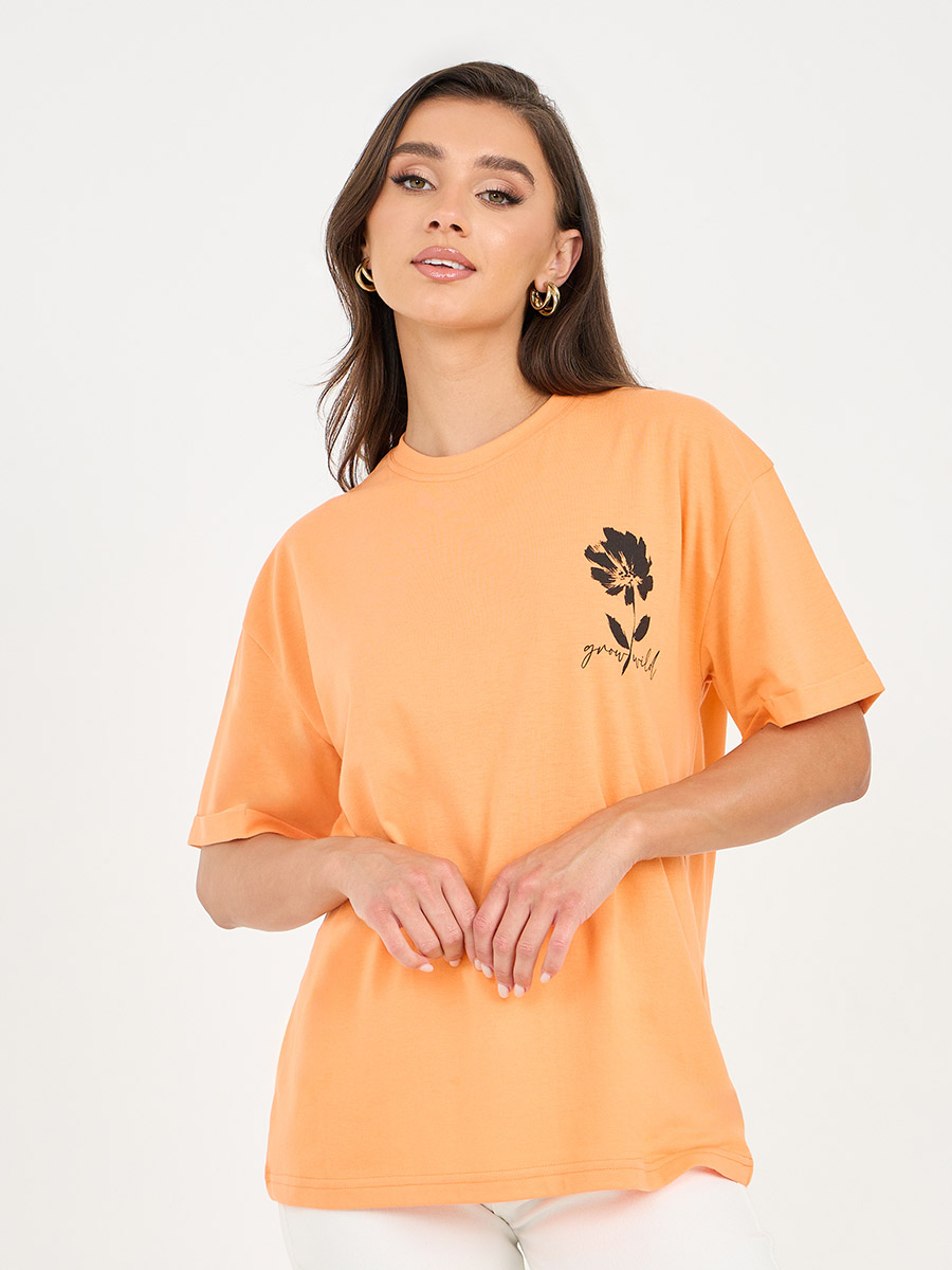 Oversized Floral Placement Print T-Shirt with Roll Up Sleeves For