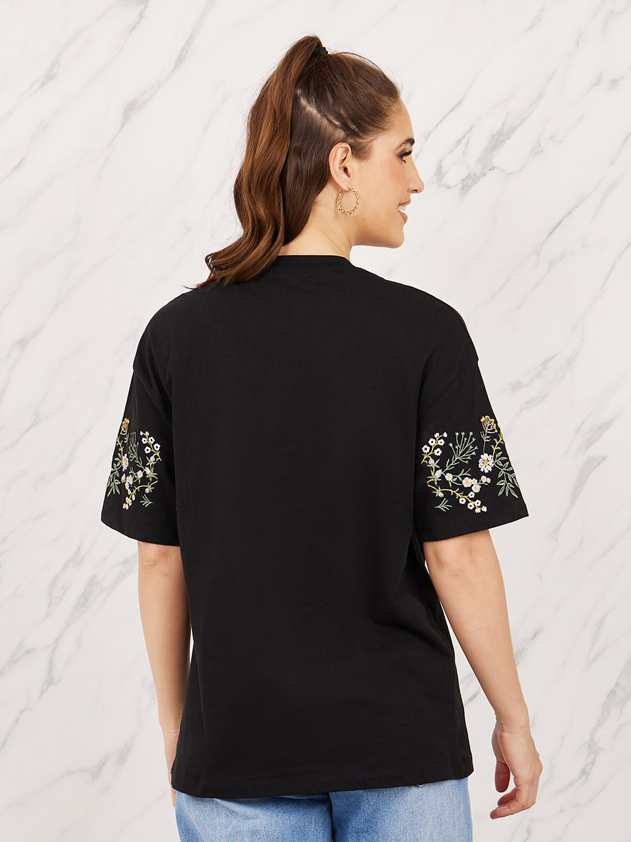 Buy Oversized Embroidered Longline T-shirt Black For Women