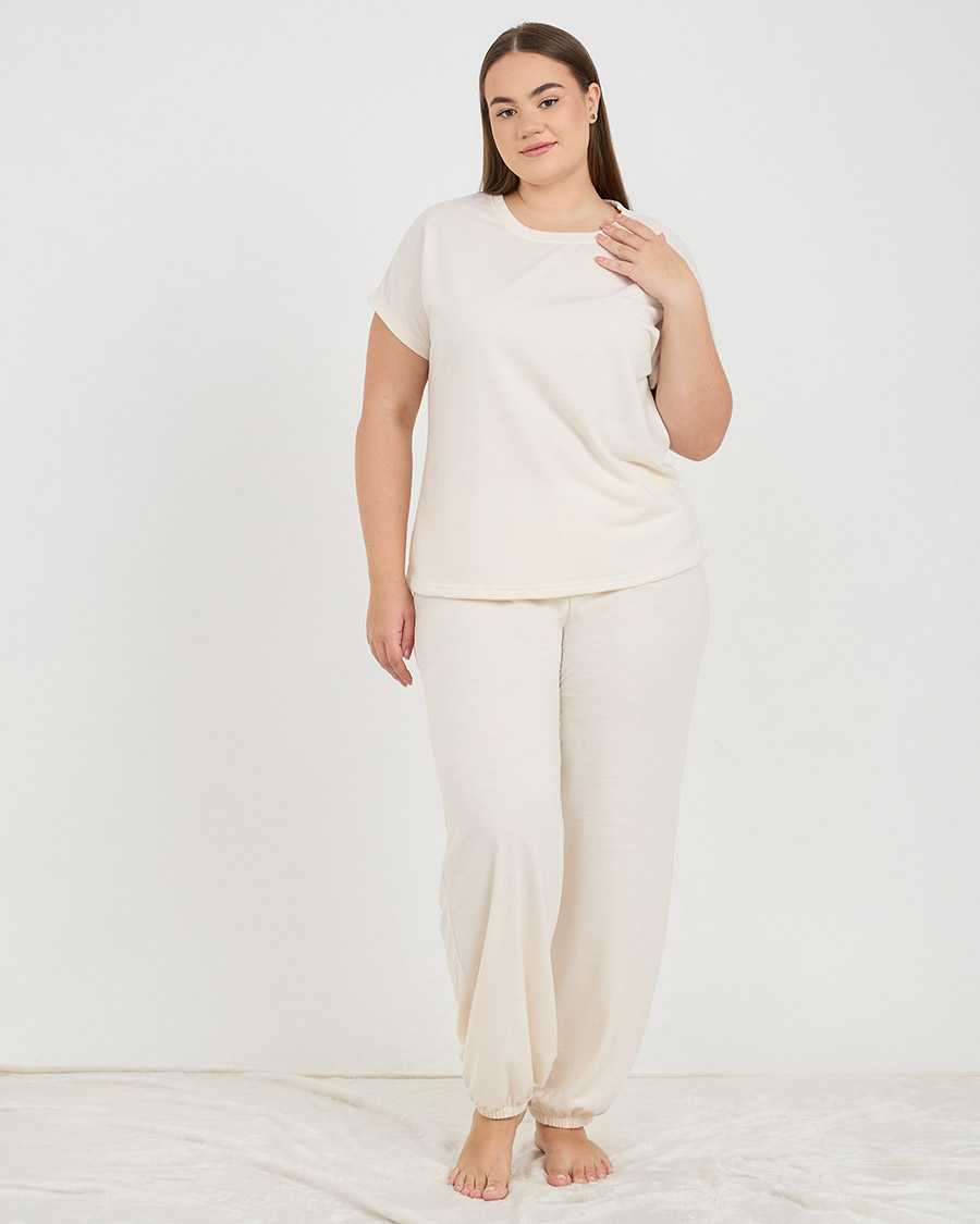 Plus Solid Loopback Top and Joggers Lounge Set For Women at