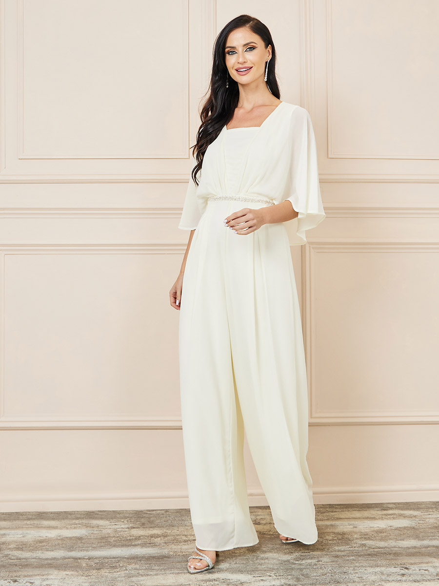 Embellished Waist Cape Sleeves Wide Leg Jumpsuit For Women at