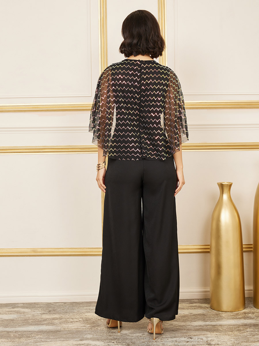 Buy Sequin Detail Cape Style Wide Leg Jumpsuit Black For Women