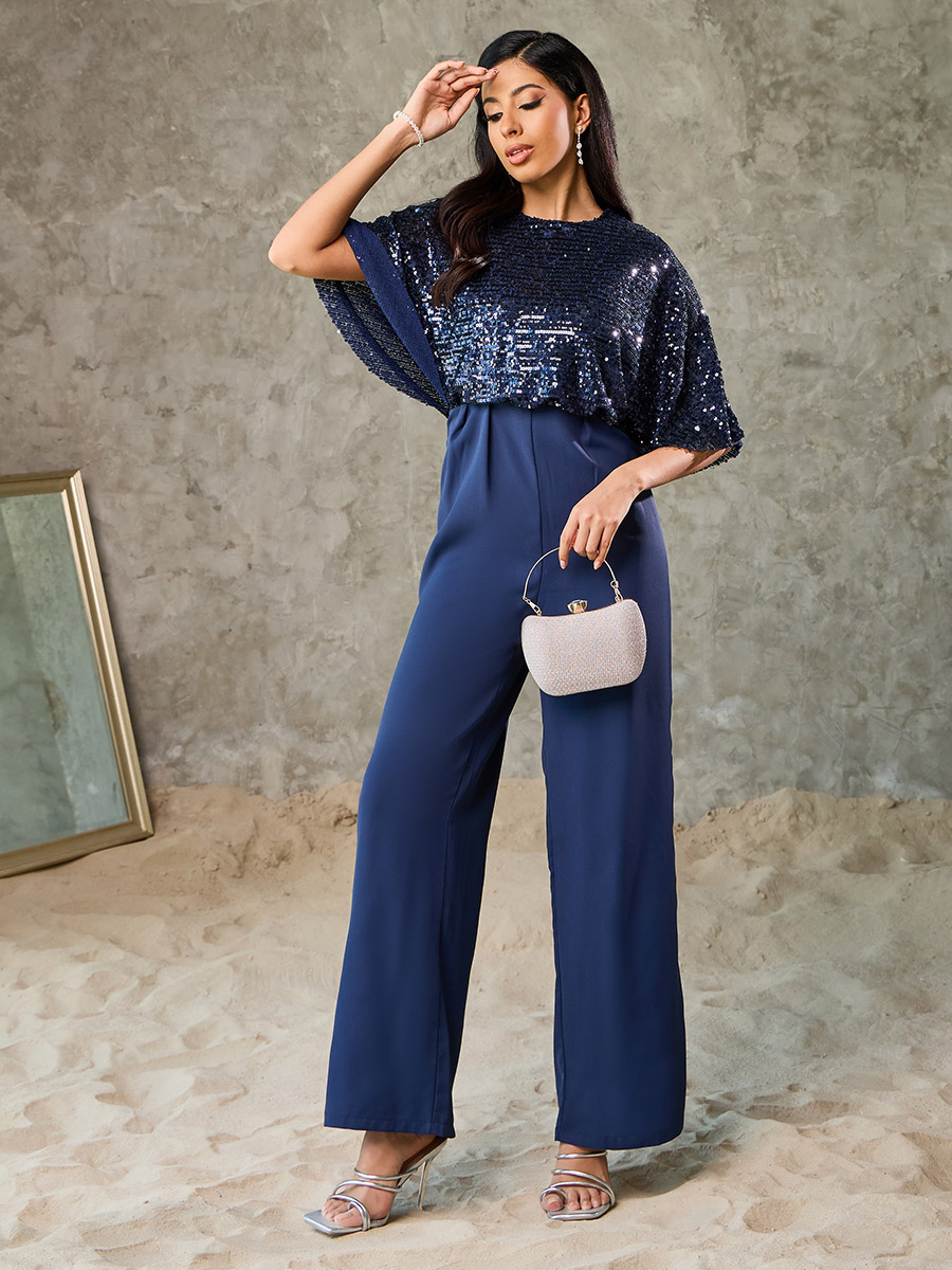 Buy Sequin Cape Sleeve Wide Leg Jumpsuit Navy Blue For Women