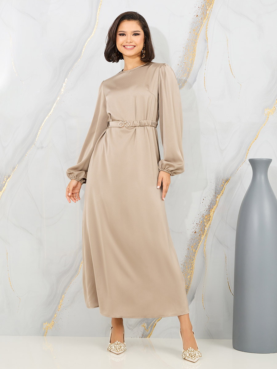 Satin Embellished Buckle Belted A-Line Maxi Dress For Women at